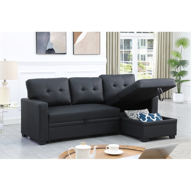 Devion Furniture Faux Leather Reversible Sleeper Sectional Sofa-Black