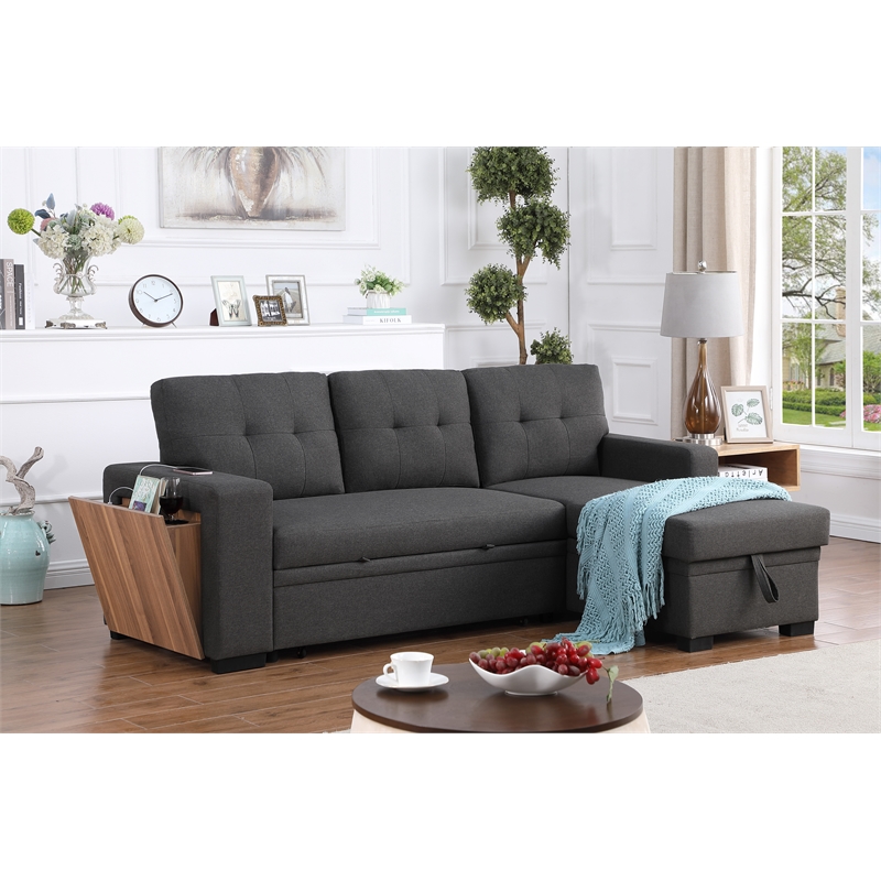Fabric Reversible Modern Side Compartment Sleeper Sectional Sofa Bed-Dark Gray
