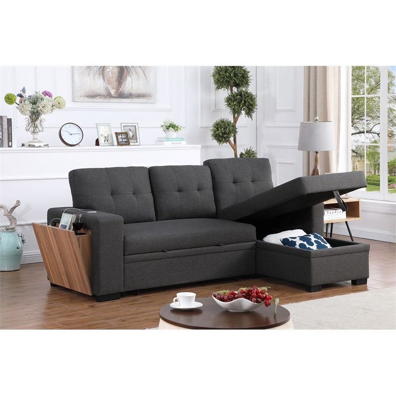 Fabric Reversible Modern Side Compartment Sleeper Sectional Sofa Bed-Dark Gray