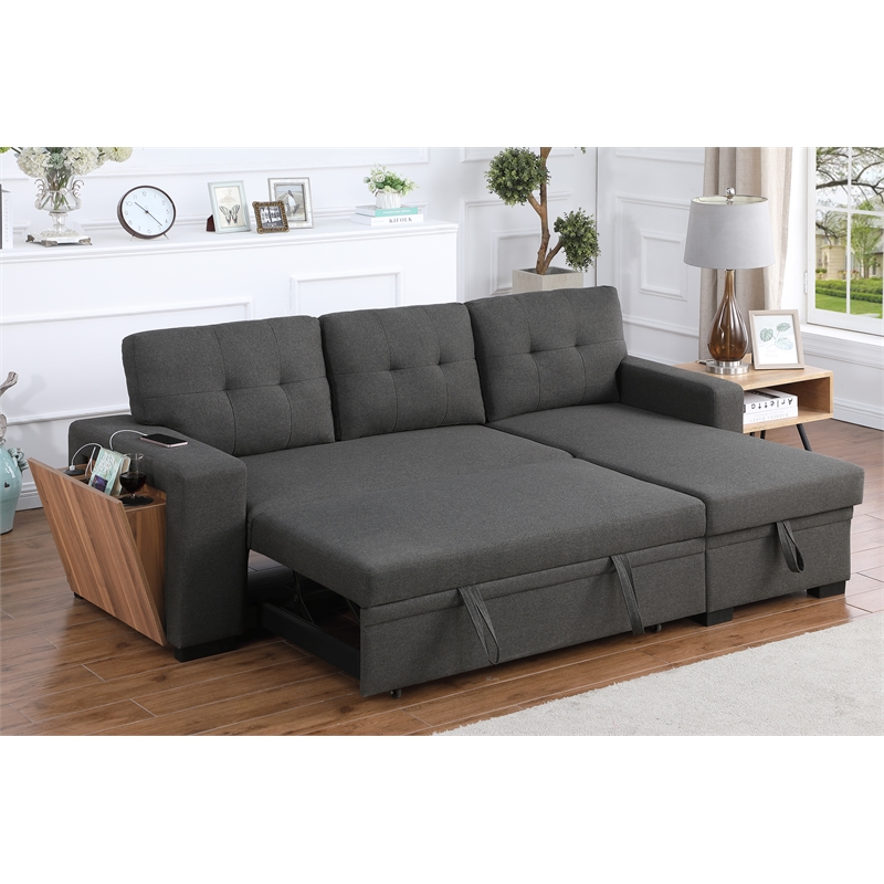 Fabric Reversible Modern Side Compartment Sleeper Sectional Sofa Bed-Dark Gray