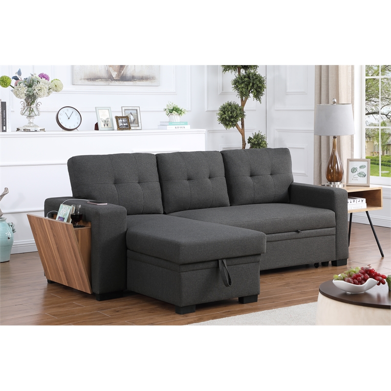 Fabric Reversible Modern Side Compartment Sleeper Sectional Sofa Bed-Dark Gray