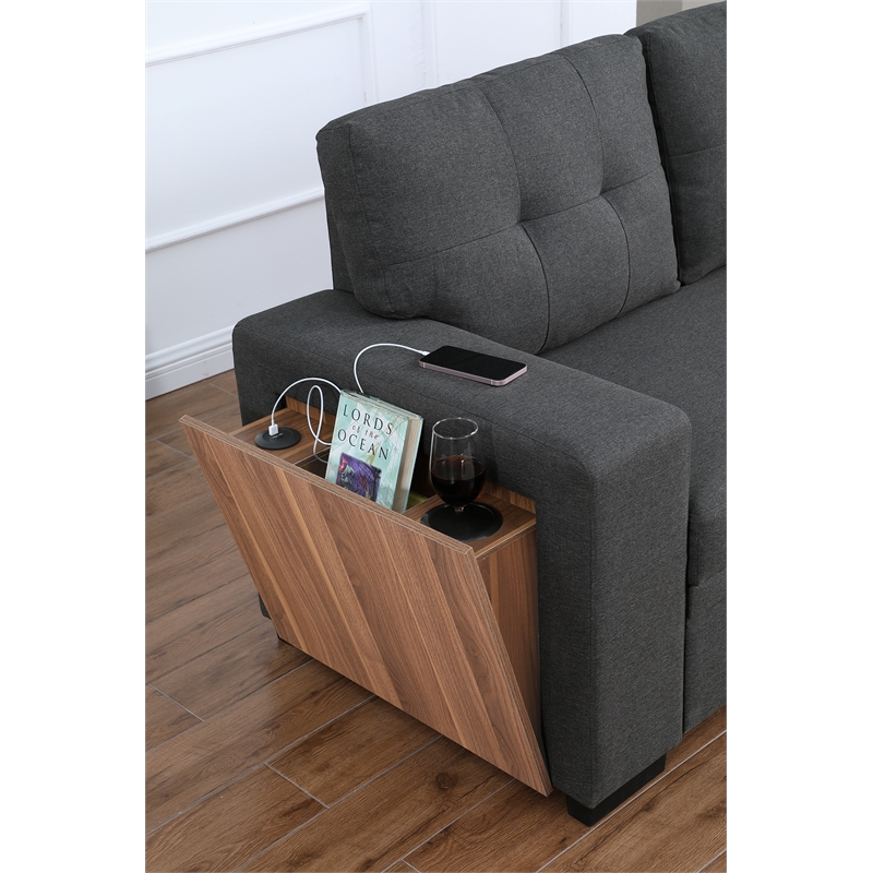 Fabric Reversible Modern Side Compartment Sleeper Sectional Sofa Bed-Dark Gray