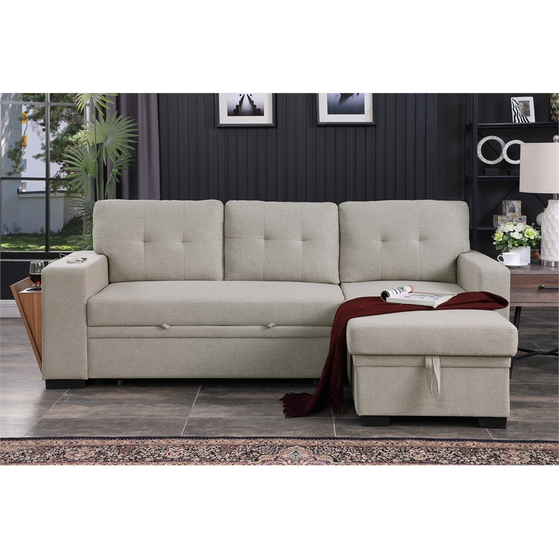 Fabric Reversible Modern Side Compartment Sleeper Sectional Sofa Bed-Light Gray