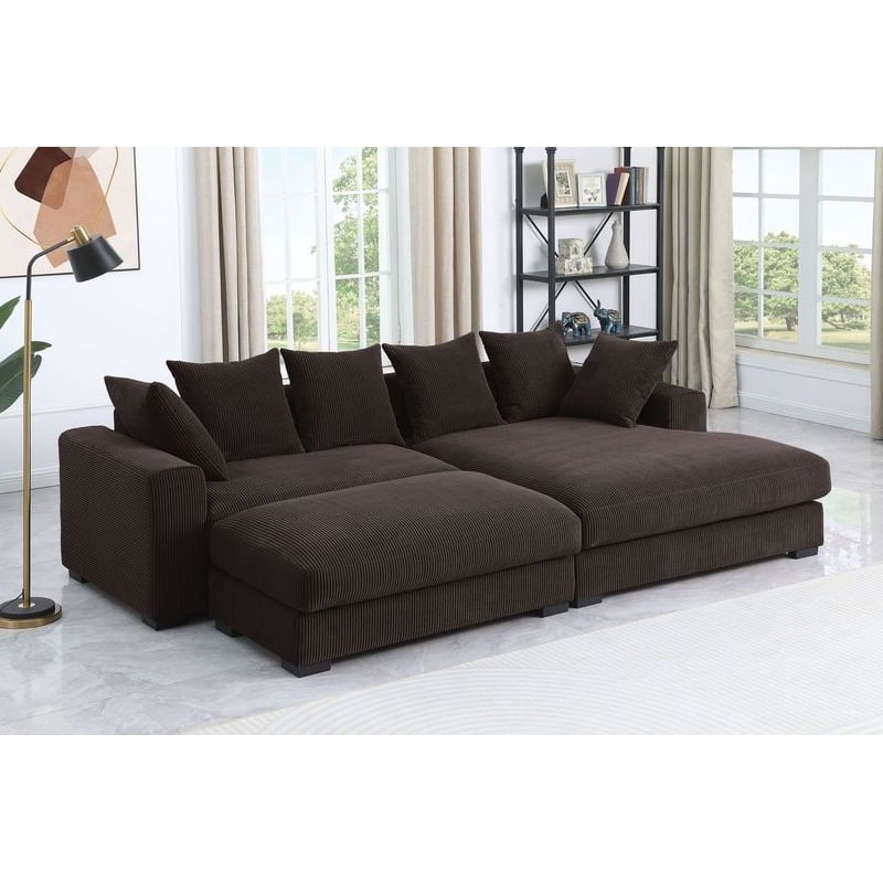 4-Piece Upholstered Corduroy Sectional Sofa With Chaise & Ottoman-Brown