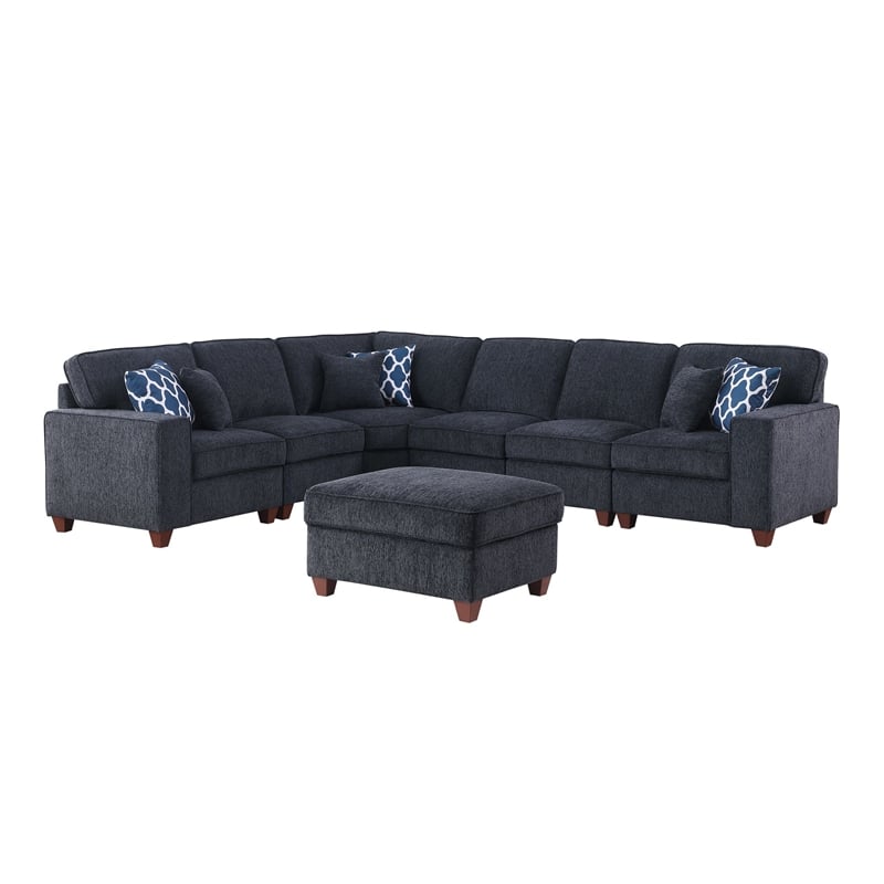 Devion Furniture 7-Piece Upholstered Modern Chenille Sectional in Black