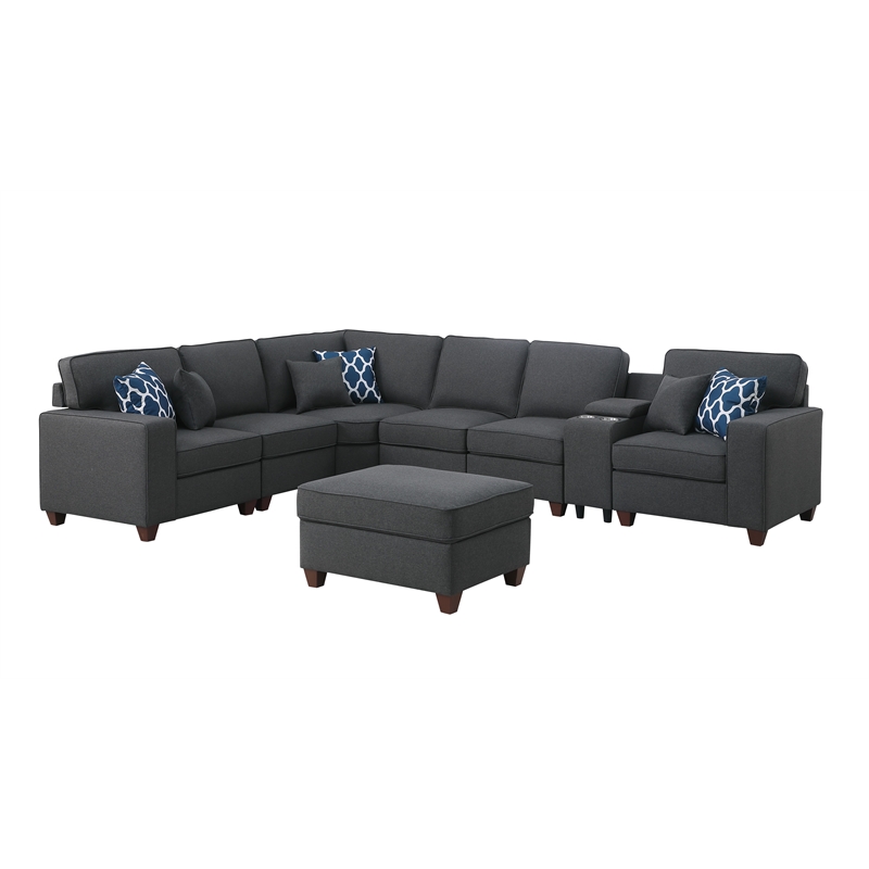 8-Piece Linen Fabric Upholstered Sectional With Console & Ottoman-Dark Gray