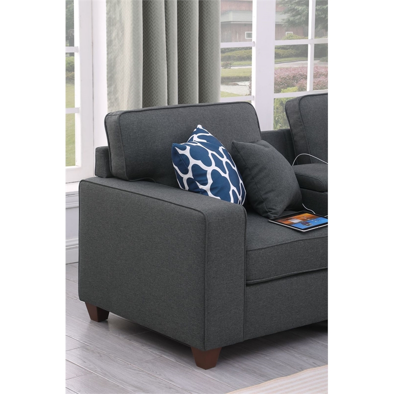 8-Piece Linen Fabric Upholstered Sectional With Console & Ottoman-Dark Gray