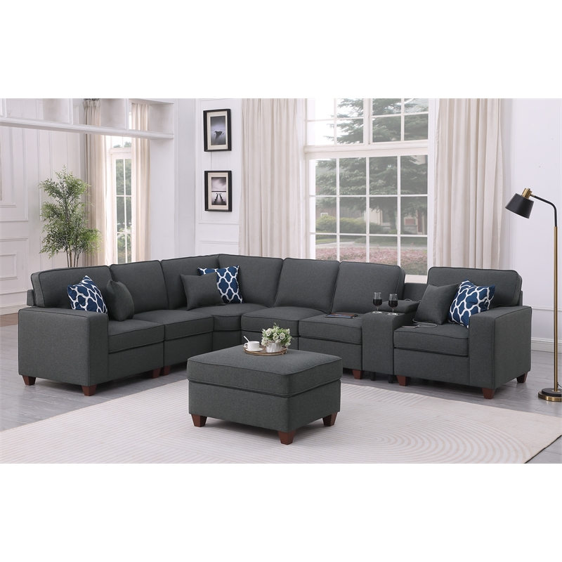 8-Piece Linen Fabric Upholstered Sectional With Console & Ottoman-Dark Gray