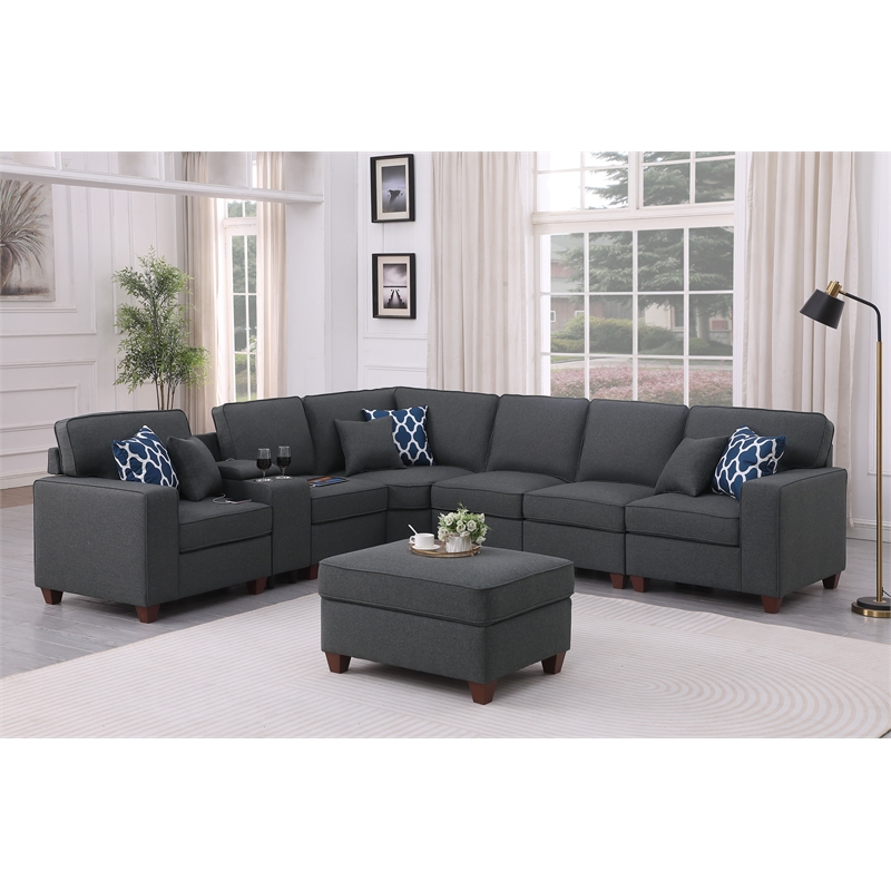 8-Piece Linen Fabric Upholstered Sectional With Console & Ottoman-Dark Gray