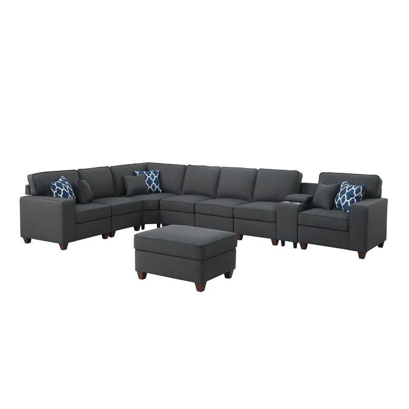 9-Piece Linen Fabric Upholstered Sectional With Console & Ottoman-Dark Gray