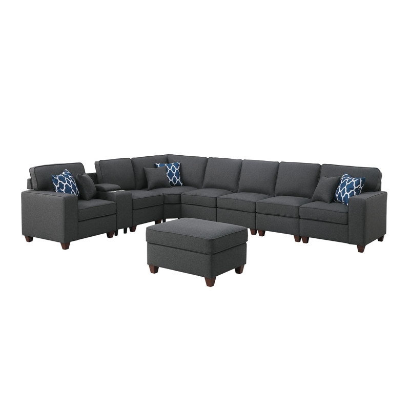 9-Piece Linen Fabric Upholstered Sectional With Console & Ottoman-Dark Gray