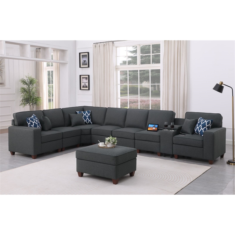 9-Piece Linen Fabric Upholstered Sectional With Console & Ottoman-Dark Gray