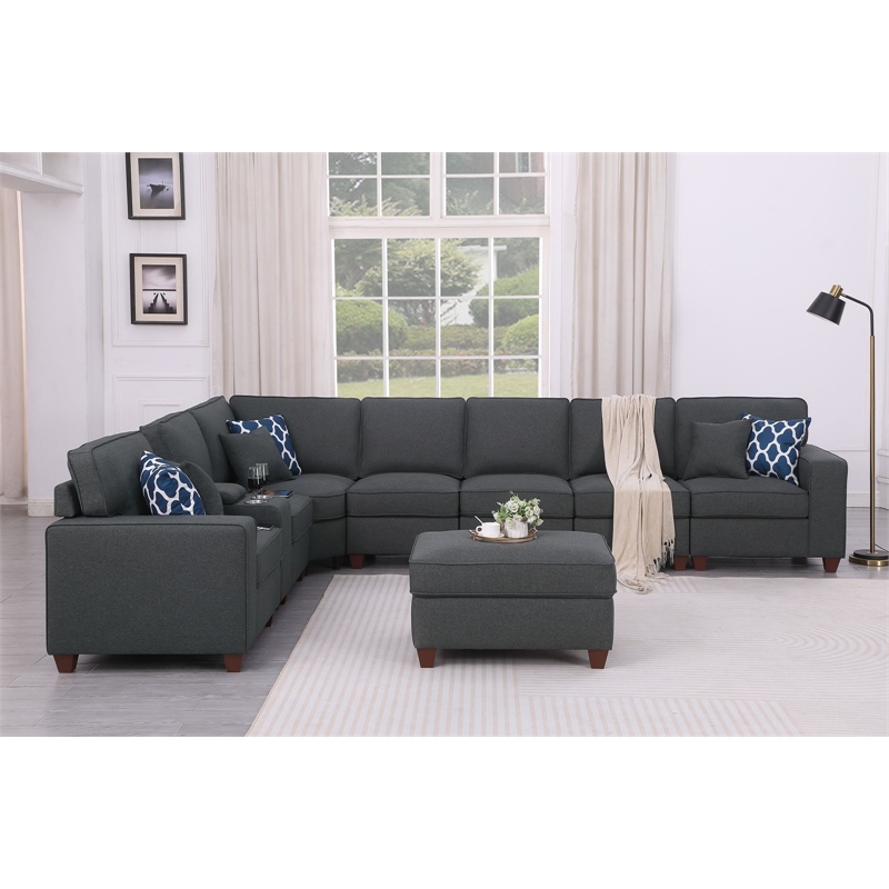 9-Piece Linen Fabric Upholstered Sectional With Console & Ottoman-Dark Gray