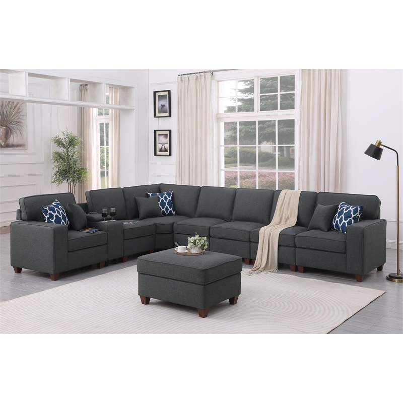 9-Piece Linen Fabric Upholstered Sectional With Console & Ottoman-Dark Gray