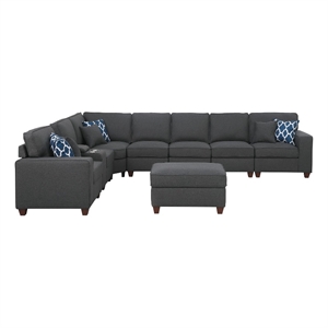 9-Piece Linen Fabric Upholstered Sectional With Console & Ottoman-Dark Gray