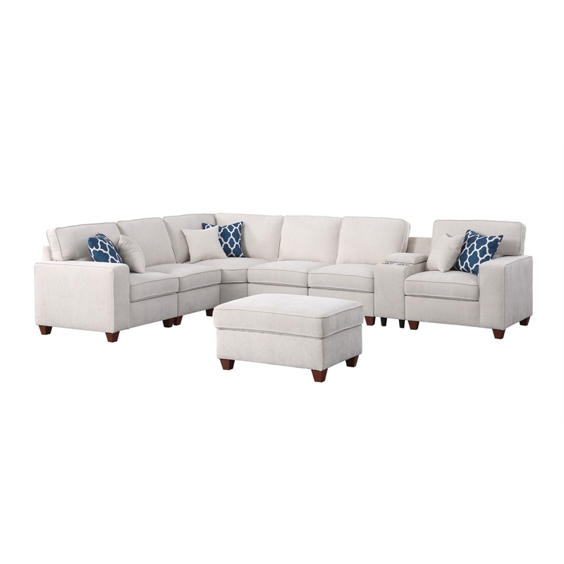 8 - Piece Chenille Fabric Upholstered Sectional With Console & Ottoman-Beige