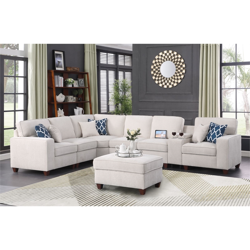 8 - Piece Chenille Fabric Upholstered Sectional With Console & Ottoman-Beige