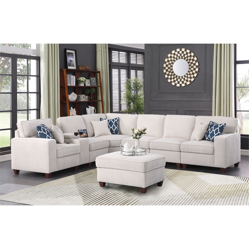 8 - Piece Chenille Fabric Upholstered Sectional With Console & Ottoman-Beige