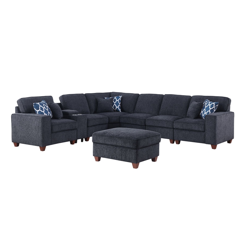 8 - Piece Chenille Fabric Upholstered Sectional With Console & Ottoman-Black