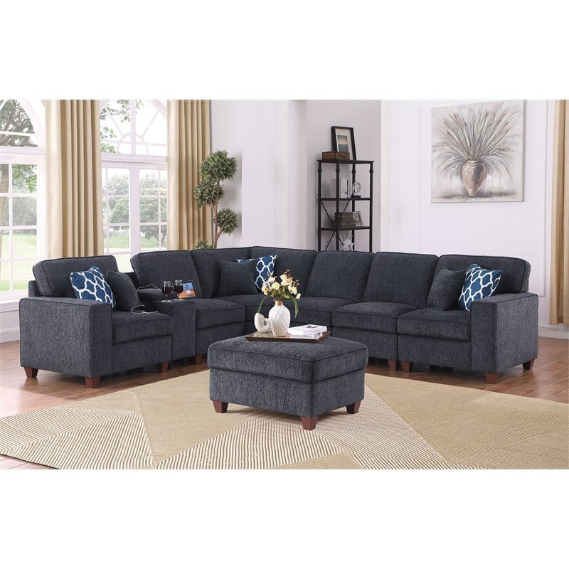 8 - Piece Chenille Fabric Upholstered Sectional With Console & Ottoman-Black