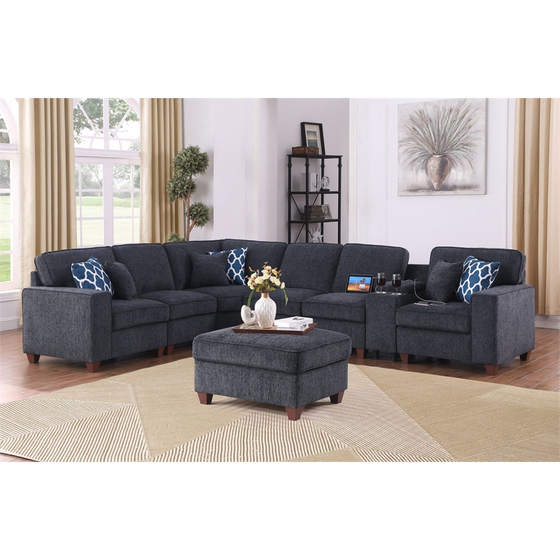 8 - Piece Chenille Fabric Upholstered Sectional With Console & Ottoman-Black