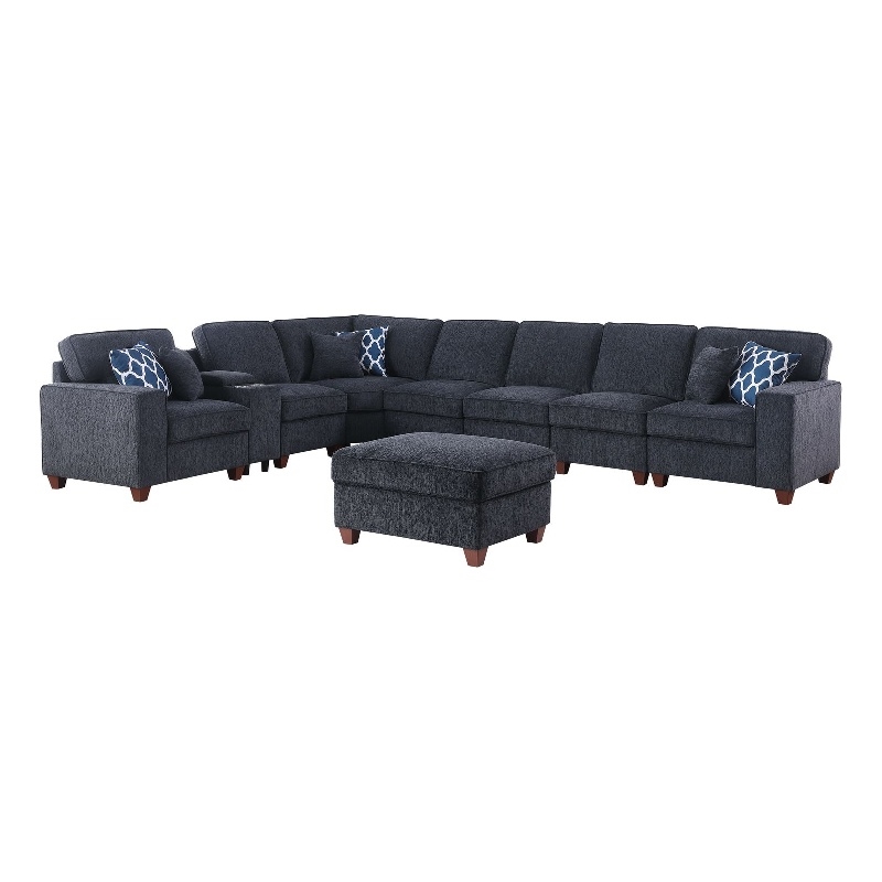 9-Piece Chenille Fabric Upholstered Sectional With Console & Ottoman-Black