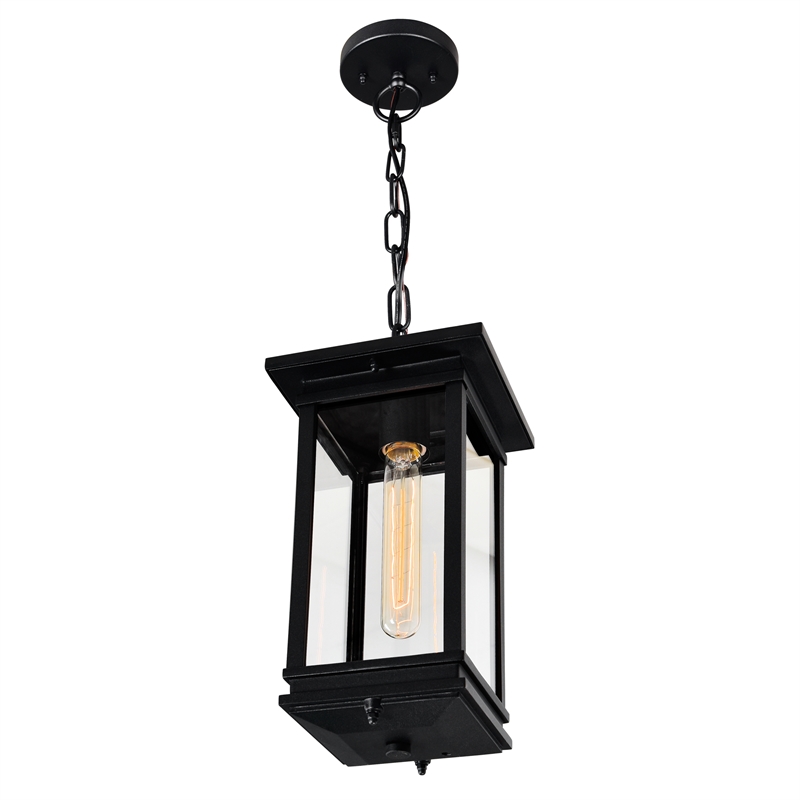 CWI Lighting Oakwood 1 Light Glass Outdoor Hanging Lantern Pendant in Black