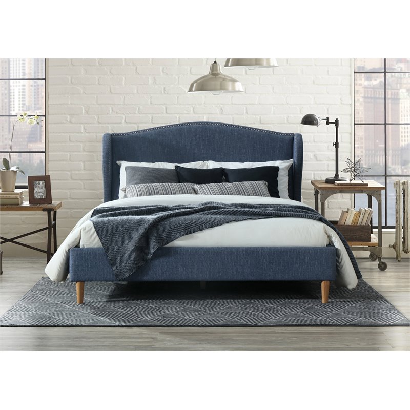 Omax Decor Darcy Wood and Fabric Upholstered Queen Platform Bed in Blue