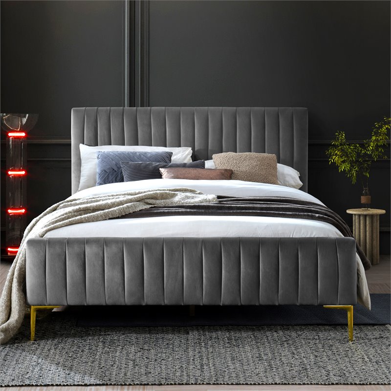 Omax Decor Julia Wood and Fabric Upholstered Queen Platform Bed in Charcoal