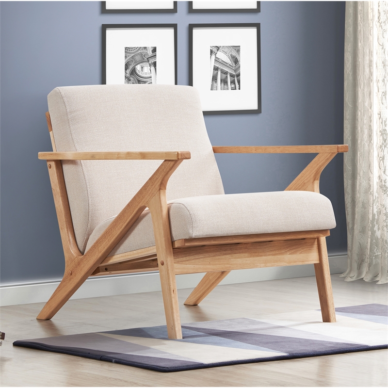 Omax Decor Zola Solid Wood and Fabric Upholstered Accent Armchair in Beige/Oak