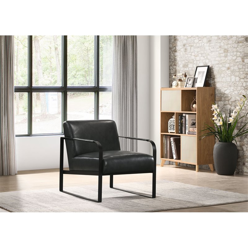 Omax Decor Mason Steel/Genuine Leather Lounge Accent Chair in Black/Black