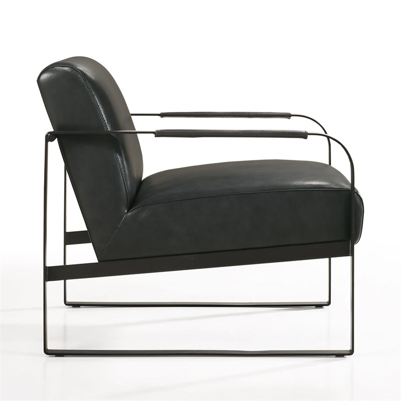 Omax Decor Mason Steel/Genuine Leather Lounge Accent Chair in Black/Black