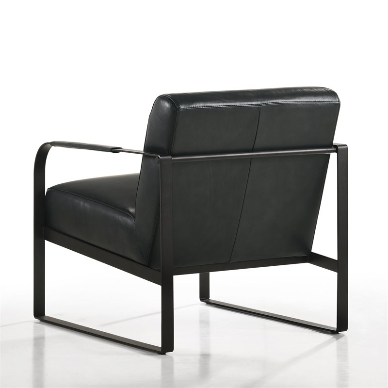 Omax Decor Mason Steel/Genuine Leather Lounge Accent Chair in Black/Black