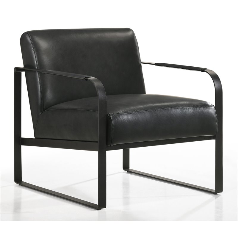Omax Decor Mason Steel/Genuine Leather Lounge Accent Chair in Black/Black