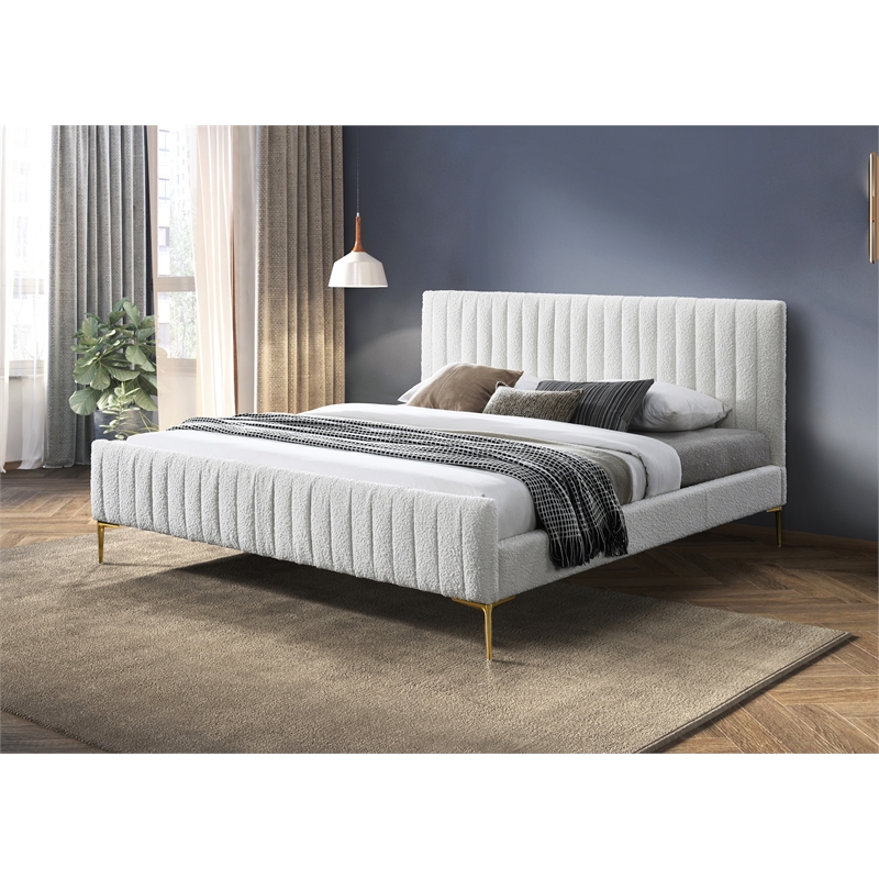 Omax Decor Julia Upholstered Modern Fabric King Platform Bed in White Boucle