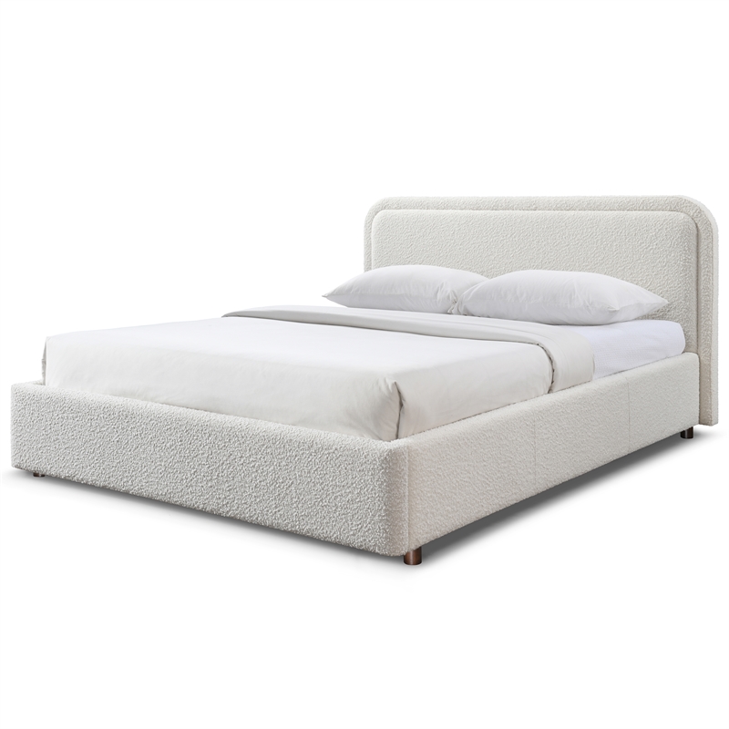 Omax Decor Chloe Upholstered Platform Queen Bed in White Boucle Fabric
