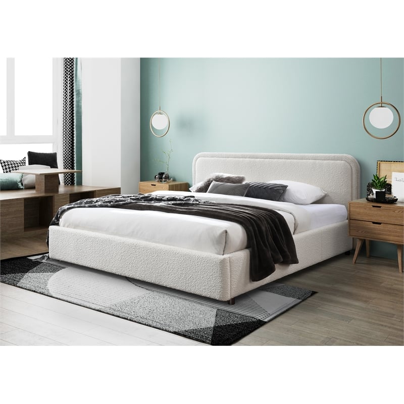 Omax Decor Upholstered Platform King Bed in White Boucle Fabric