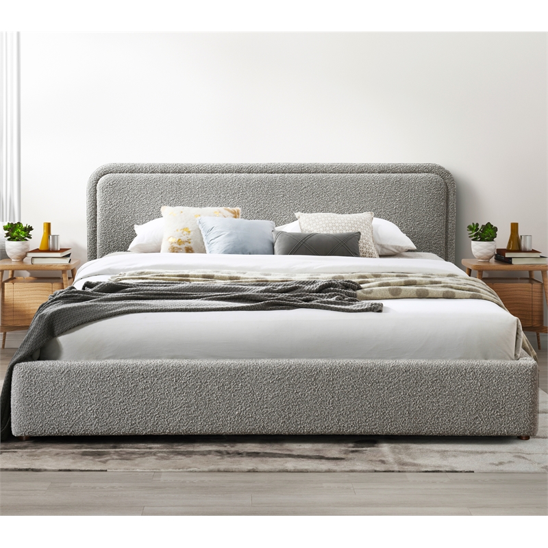 Omax Decor Chloe Upholstered Platform King Bed in Gray Boucle Fabric