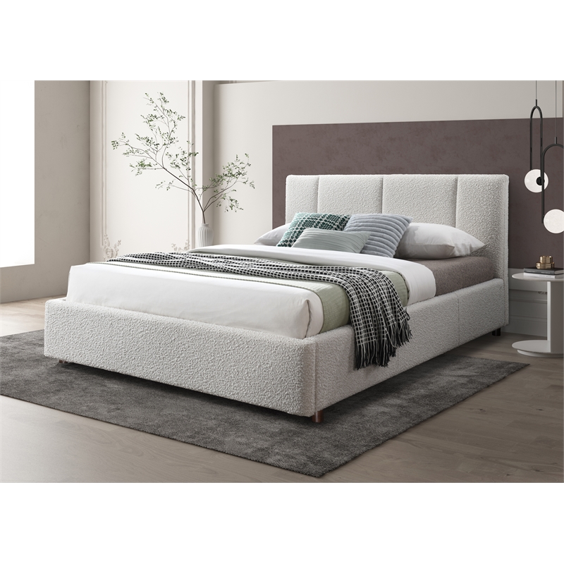 Omax Decor Venice Upholstered Platform Queen Bed in Cream Beige Boucle Fabric