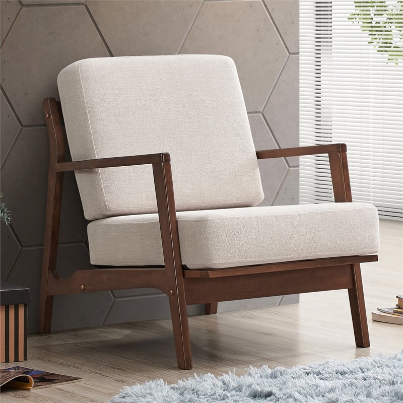 Omax Decor Jasper Solid Wood and Fabric Upholstered Accent Armchair in Beige