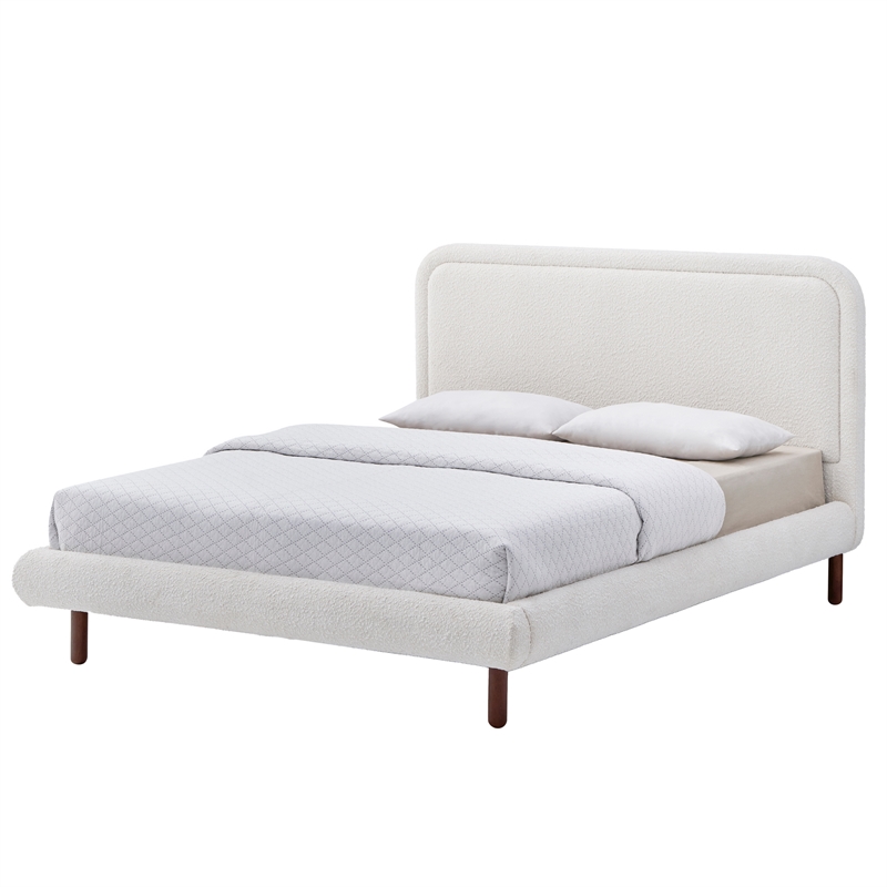 Omax Decor Beverly Upholstered Platform Queen Bed in White Boucle Fabric