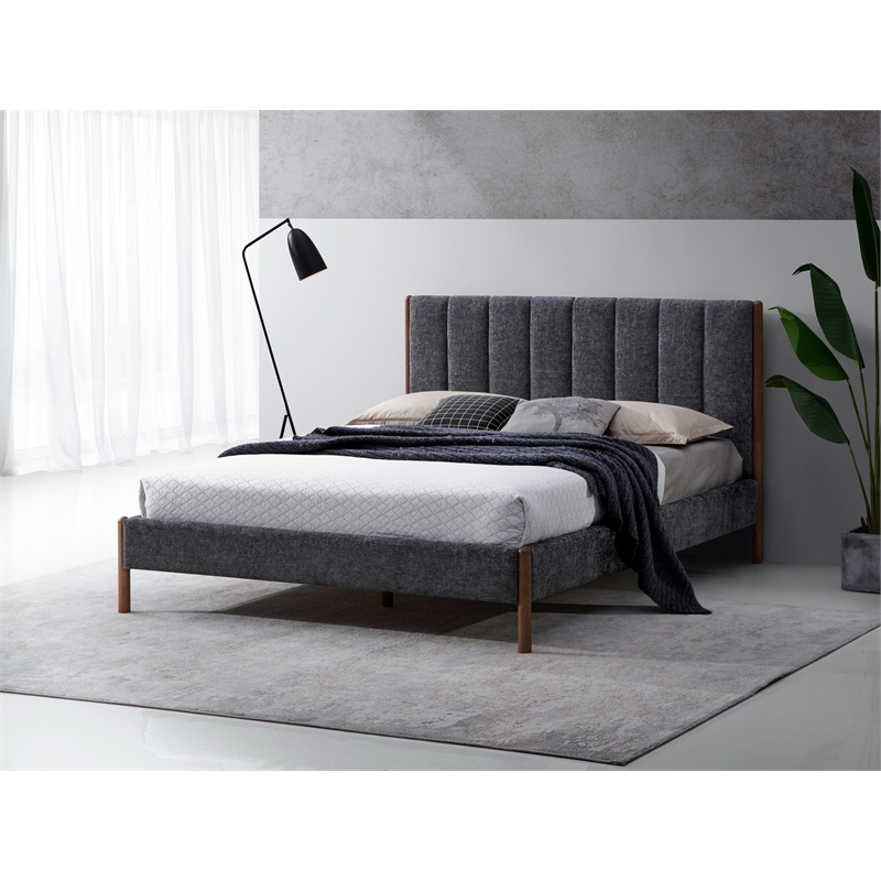 Omax Decor Exton Upholstered Platform Queen Bed in Dark Gray Fabric