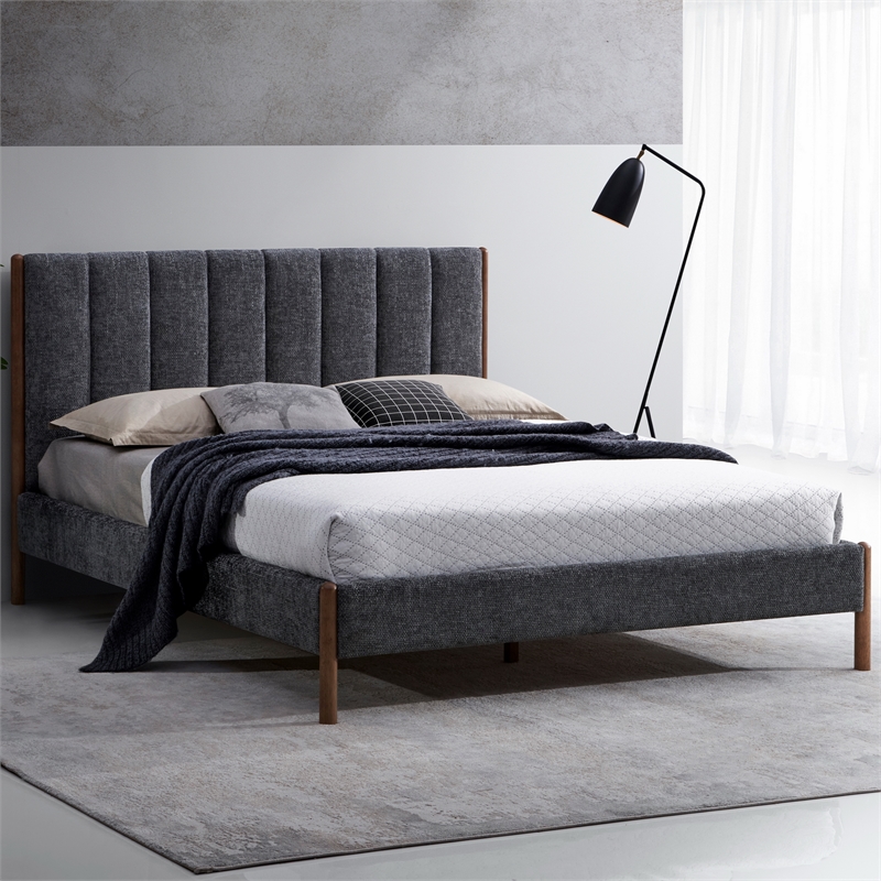 Omax Decor Exton Upholstered Platform Queen Bed in Dark Gray Fabric