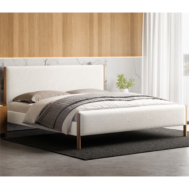Omax Decor Liana Upholstered Platform King Bed in White Boucle Fabric