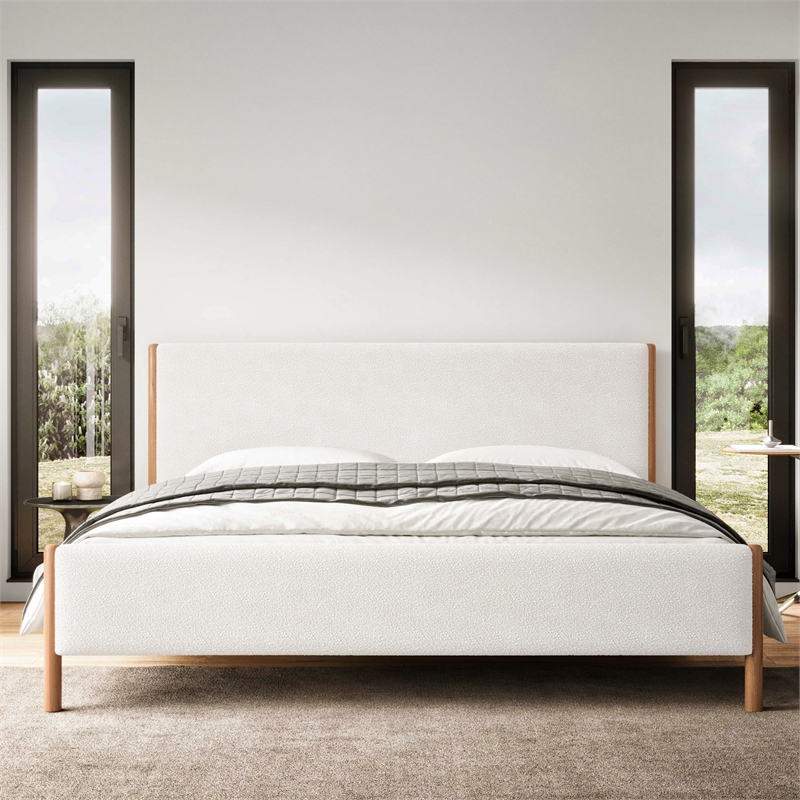 Omax Decor Liana Upholstered Platform King Bed in White Boucle Fabric