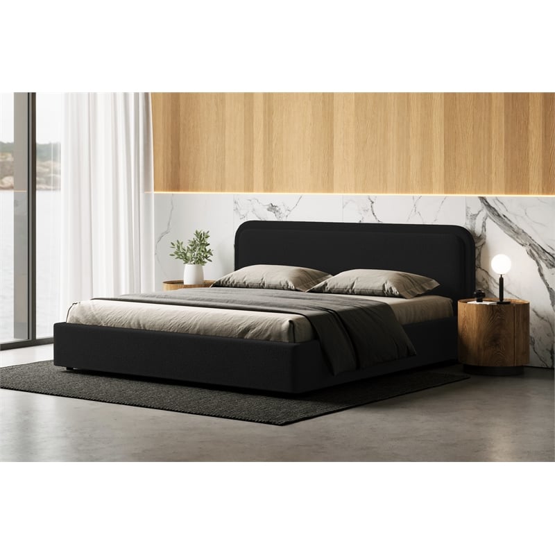 Omax Decor Upholstered Platform King Bed in Black Boucle Fabric