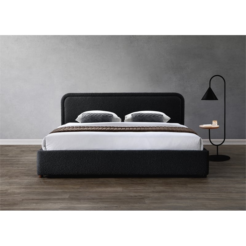 Omax Decor Upholstered Platform King Bed in Black Boucle Fabric