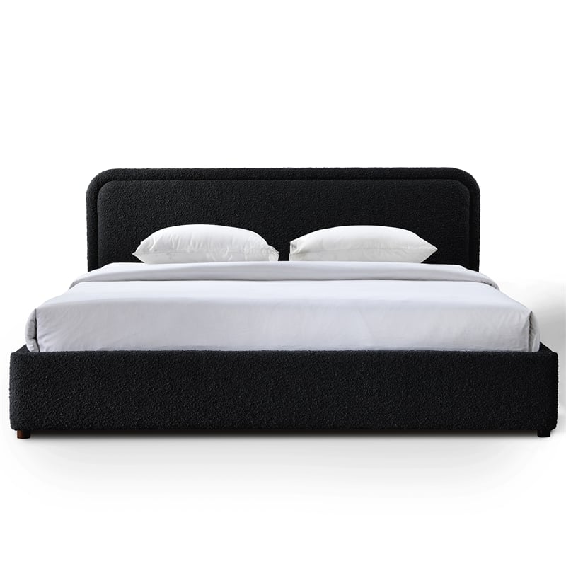 Omax Decor Upholstered Platform King Bed in Black Boucle Fabric