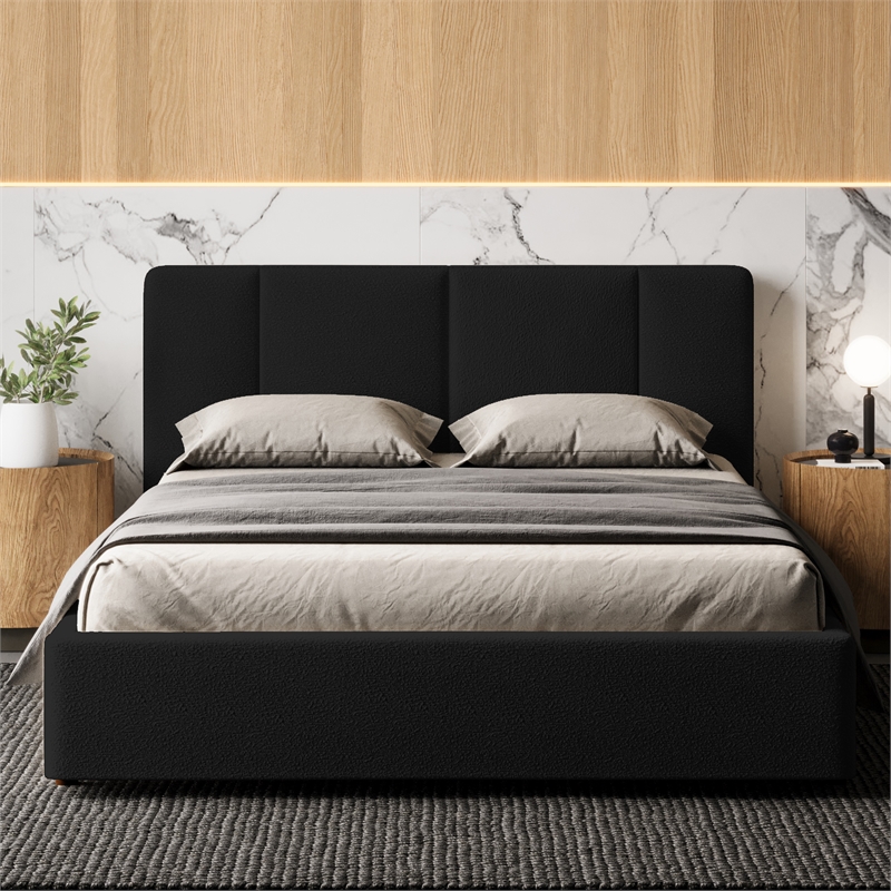 Omax Decor Venice Upholstered Platform Queen Bed in Black Boucle Fabric