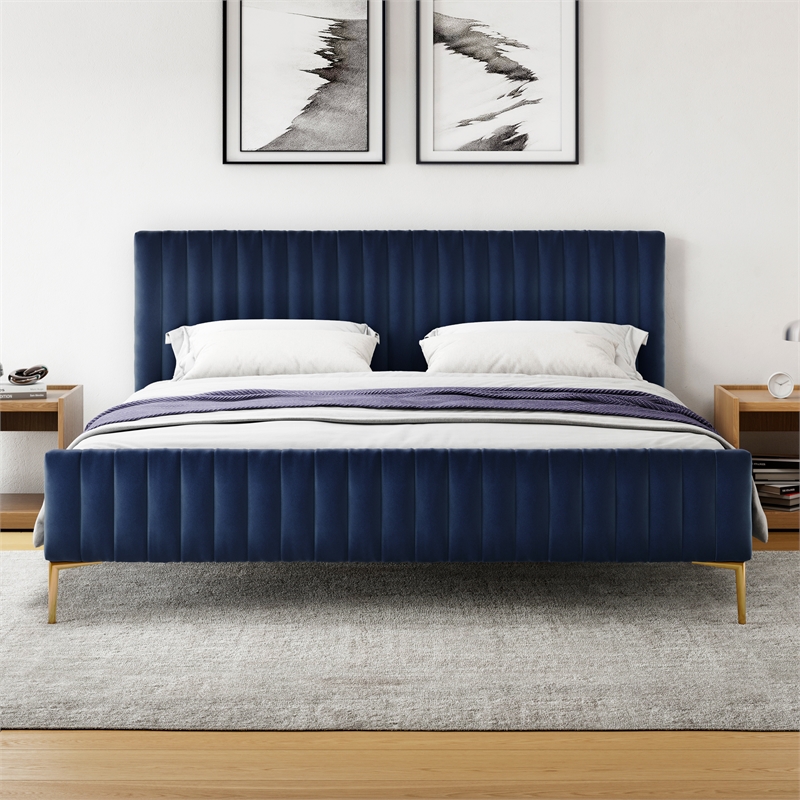 Omax Decor Julia Upholstered Fabric King Platform Bed in Blue Velvet
